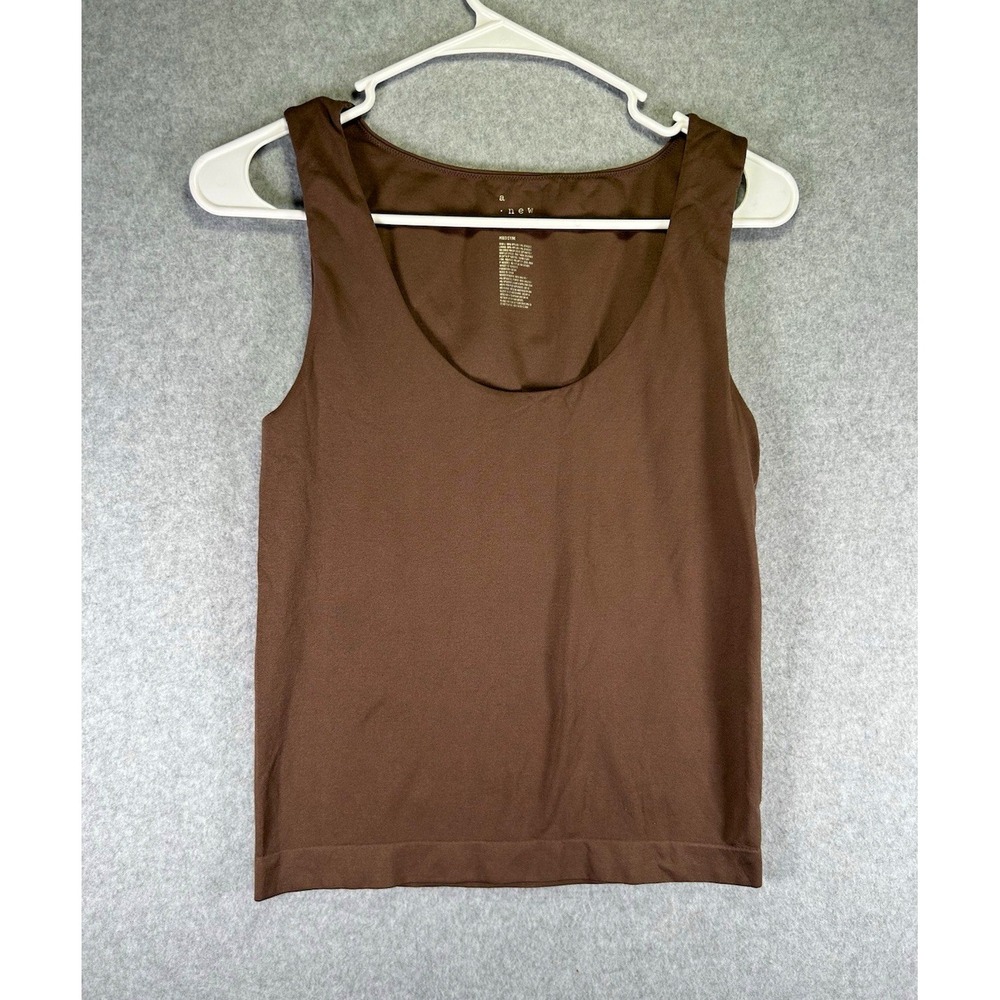 A New Day Tank Top Womens M Brown Solid Knit Nylon Spandex Scoop Neck Wide Strap